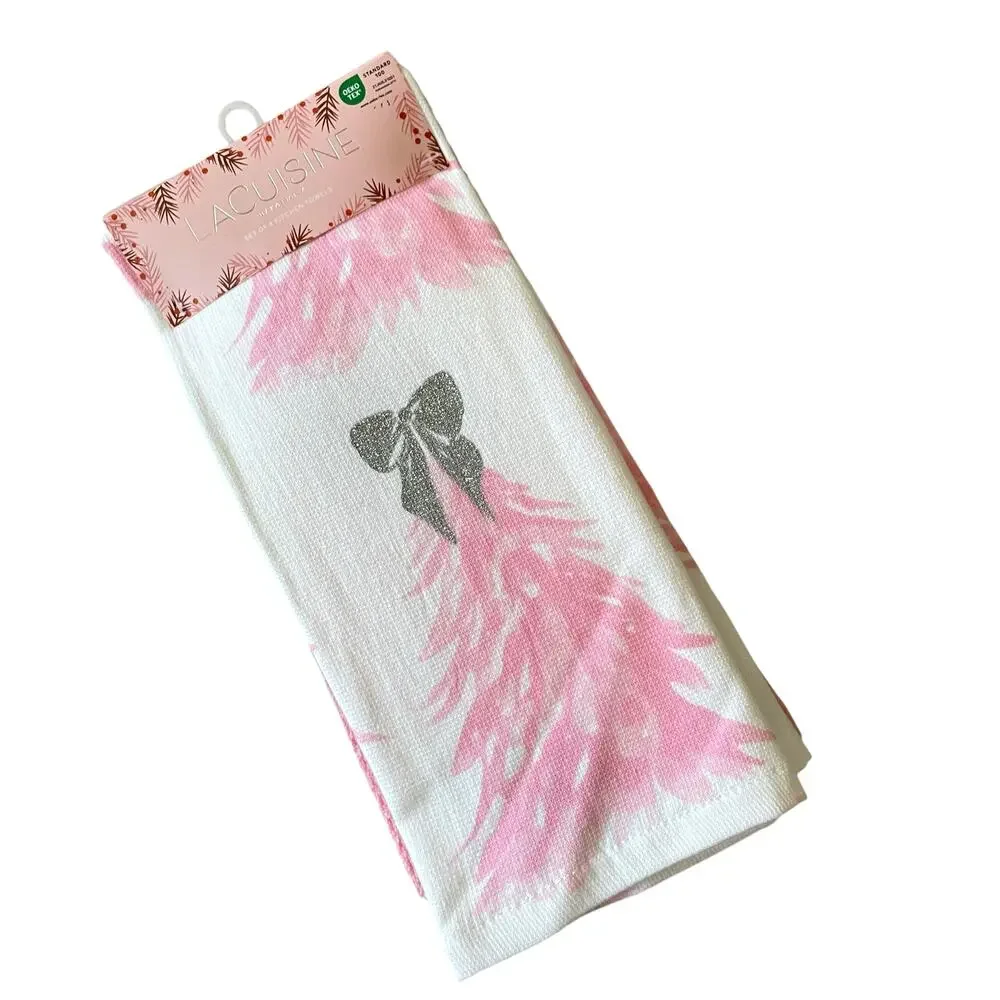 Pink Christmas Tree Kitchen Towels w/ Silver Glitter Bow Set of 4 Holiday GLA6